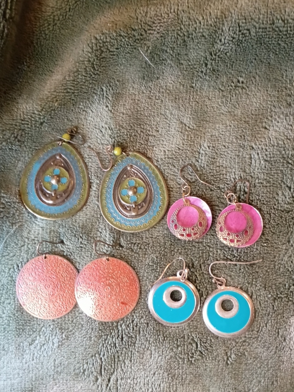 Assorted Women's Teardrop and Disc Earrings in Blue, Pink and Coral Color
